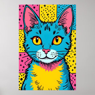 Poster Art Pop Rétro Chat Bleu Style 80's