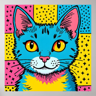 Poster Art Pop Rétro Chat Bleu Style 80's