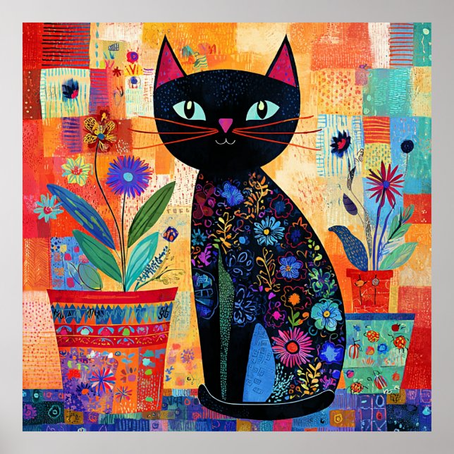 Poster Art populaire de chat noir (Devant)