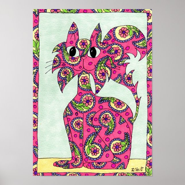 Poster Art populaire de chats rose Paisley (Devant)