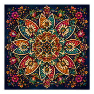 POSTER ART POPULAIRE MANDALA FLORAL DESSIN BOTANIQUE CIRC