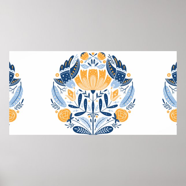 Poster Art populaire ornement rond avec oiseaux, roses et (Devant)