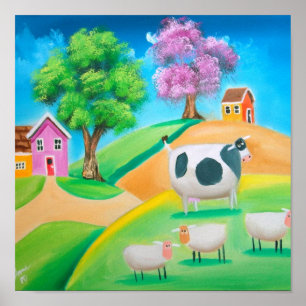 Poster Art populaire peinture colorée de vache et de mout