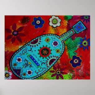 Poster Art populaire peinture de guitare mexicaine