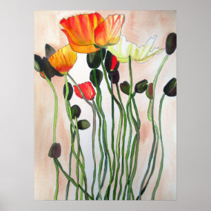 Poster Art pour aquarelle original de fleur de pavots