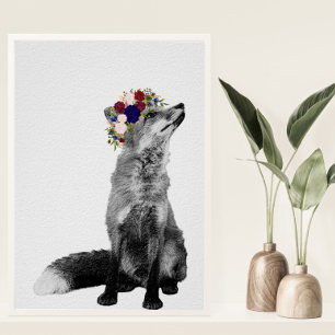 Poster Art Print Fox Black White Fleur Crown