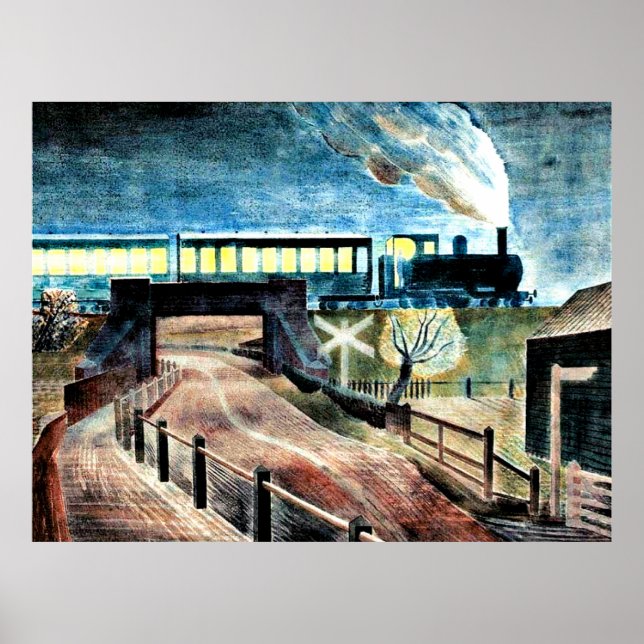 Poster Art ravilieux, Train Traversant le pont la nuit (Devant)