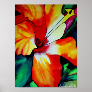 Poster Art tropical d'aquarelle de fleur de ketmie orange