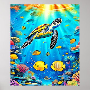 Poster Art vibrant de tortue marine récifale