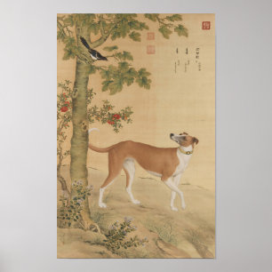 Poster Art vintage du lévrier chinois et de l'oiseau