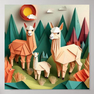 Poster Artisanat en papier Alpacas Origami Scène 3D