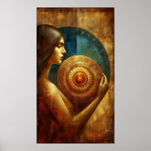 Poster Artiste d'une dame tenant un objet circulaire Po