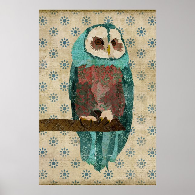 Poster artistique vintage Azure & Blush Owl (Devant)