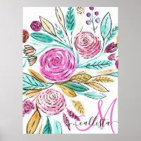 Artsy Elegant rose Turquoise Aquarelle Florale Mon
