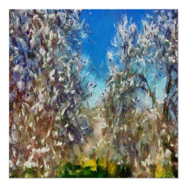 Poster Artwork de Pointillisme d'amandiers en fleurs prin (Devant)