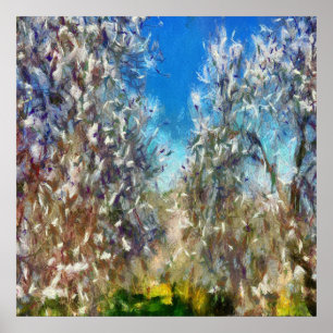 Poster Artwork de Pointillisme d'amandiers en fleurs prin