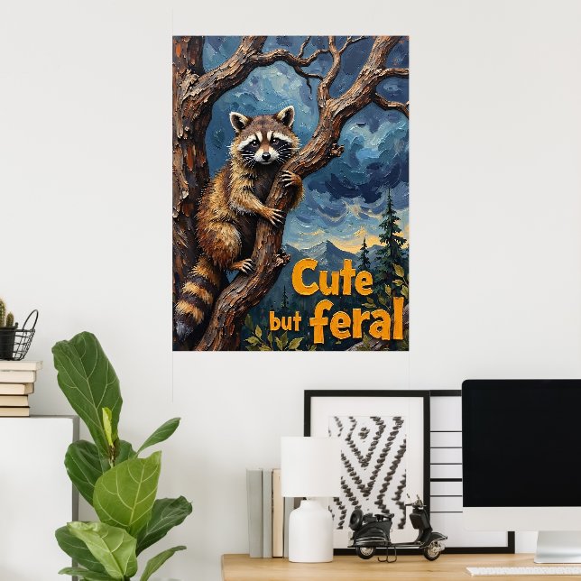 Poster Ascent ombragé : Raccoon dans l'arbre crépusculair (Bureau à domicile)