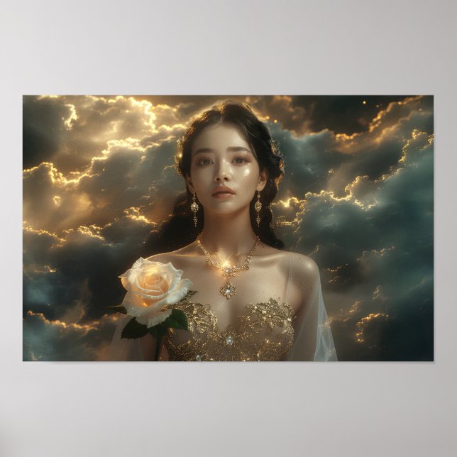 Poster Asian Beauty With White Rose (Devant)