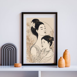 Poster Asian Mother & Daughter – Minimalist Boho Line Art