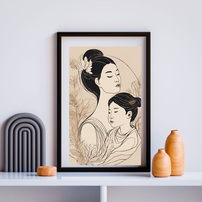 Poster Asian Mother & Daughter – Minimalist Boho Line Art (Créateur téléchargé)