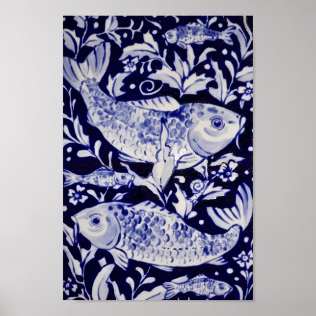 Poster Asiatique Bleu & Blanc Koi Fish Pond Chinoiserie A (Devant)