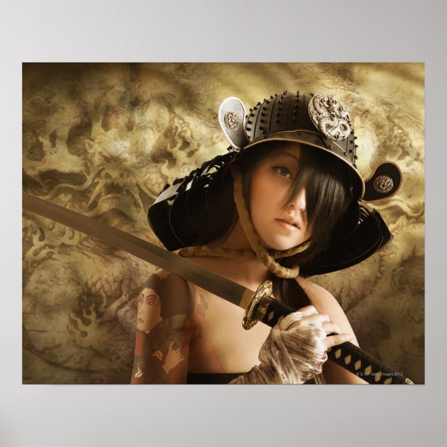 Poster Asiatique habillée en samouraï (Devant)