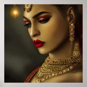 Poster Asiatique Indien Belle femme Rouge exotique Bijoux