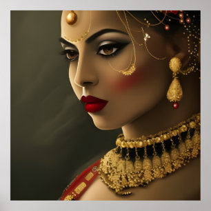 Poster Asiatique Indien Belle femme Rouge exotique visage