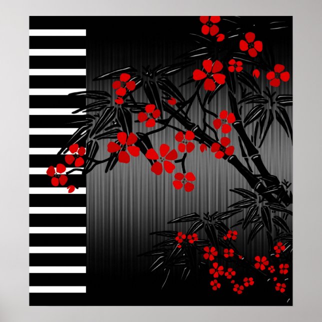 Poster Asiatique Rouge Noir Blanc Bambou Floral (Devant)