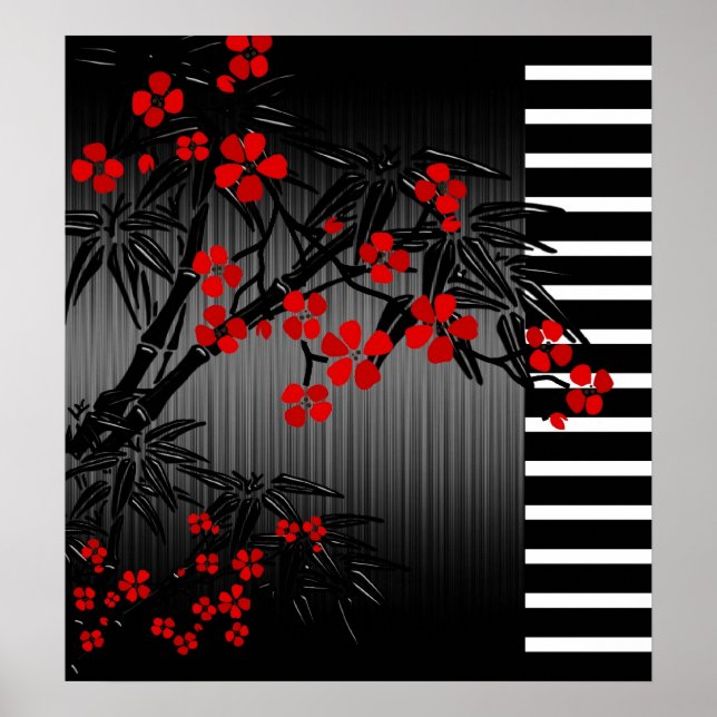 Poster Asiatique Rouge Noir Blanc Bambou Floral 2 (Devant)