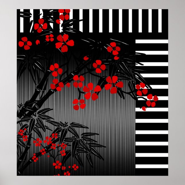 Poster Asiatique Rouge Noir Blanc Bambou Floral 4 (Devant)