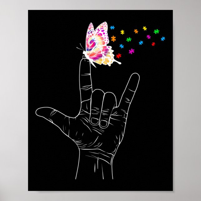Poster Asl I Love You Hand Sign Language Butterfly Autism (Devant)
