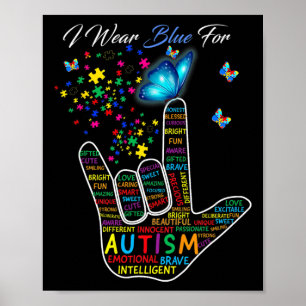 Poster Asl Love Langue Des Signes Main Je Porte Bleu Pour