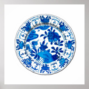 Poster Assiette chinoise antique, pivoines bleues