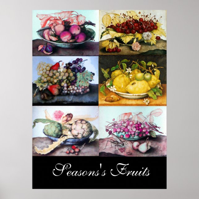 Poster Assiettes de fruits /Cerises, citrons, raisins, ar (Devant)