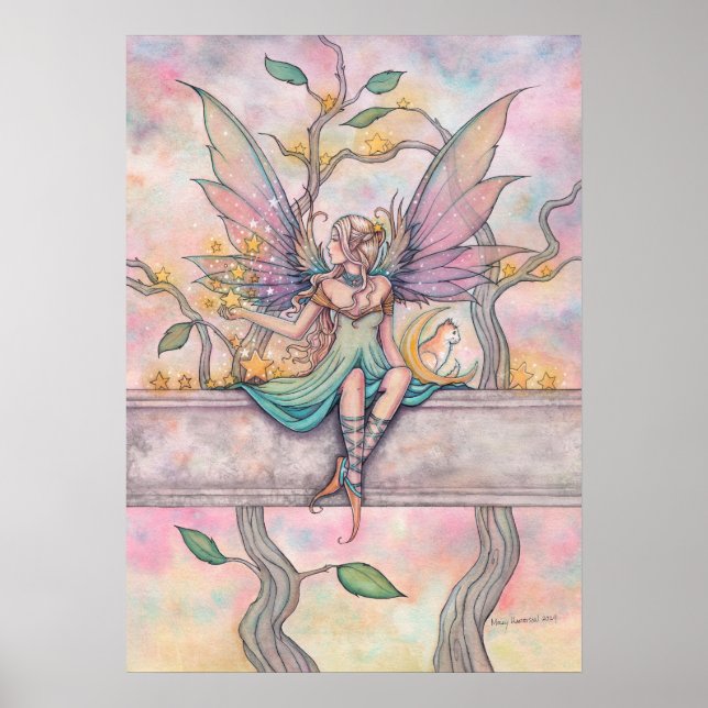 Poster Assis avec Stars Fairy avec Orange Tabby Art (Devant)