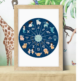 Poster Astrologie pour enfants - Nursery Zodiac Wheel Blu
