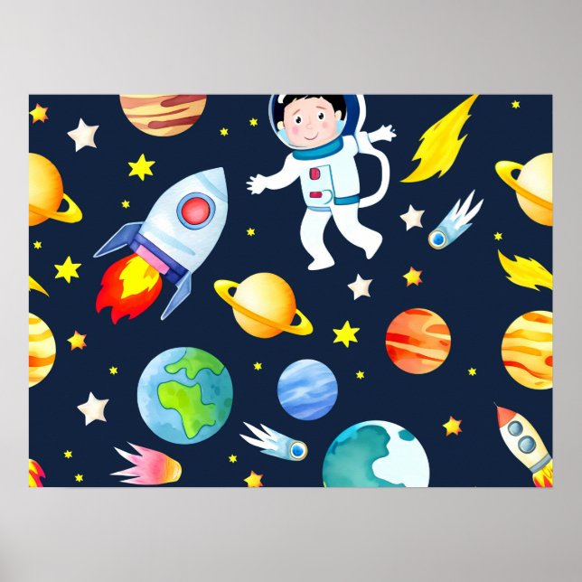Poster Astronaut in Space Planets and Rockets Pattern (Devant)