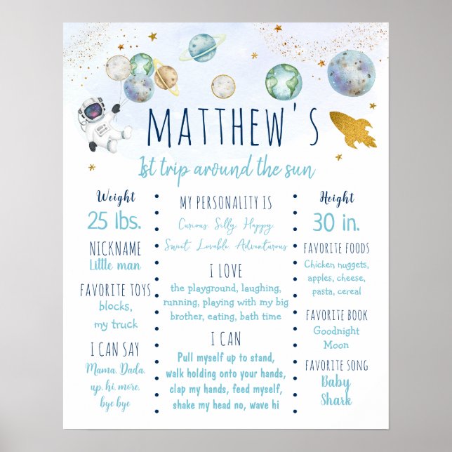 Poster Astronaut Space Blue Gold Premier anniversaire (Devant)
