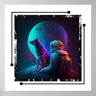 Poster Astronaute avec chien dans l'espace, Neon Design A