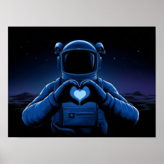 Poster Astronaute Bleu Faisant un Signe de Coeur sur une