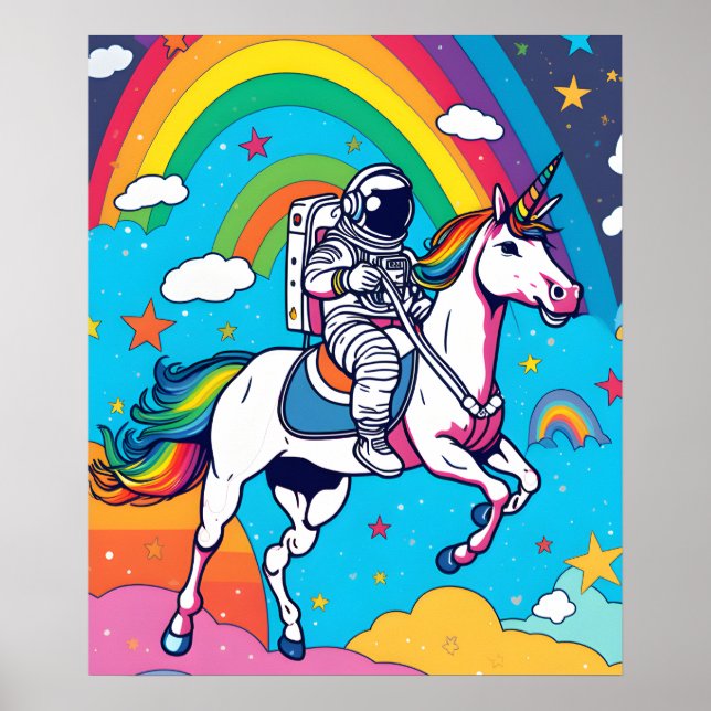 Poster Astronaute chevauchant une licorne sur le nuage da (Devant)