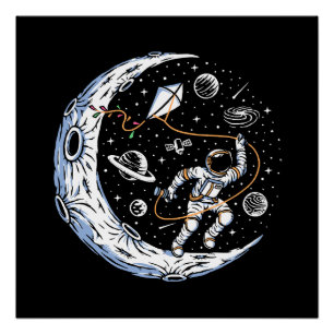 Poster Astronaute faisant voler un cerf-volant sur la Lun
