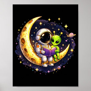 Poster Astronaute lisant un livre à un alien espace lune