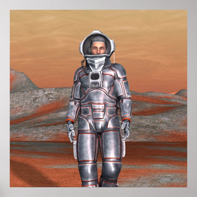 Poster Astronaute Mars - Explorateur spatial sur une plan (Devant)