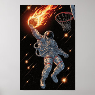 Poster Astronaute qui dunk un ballon de basket enflammé,