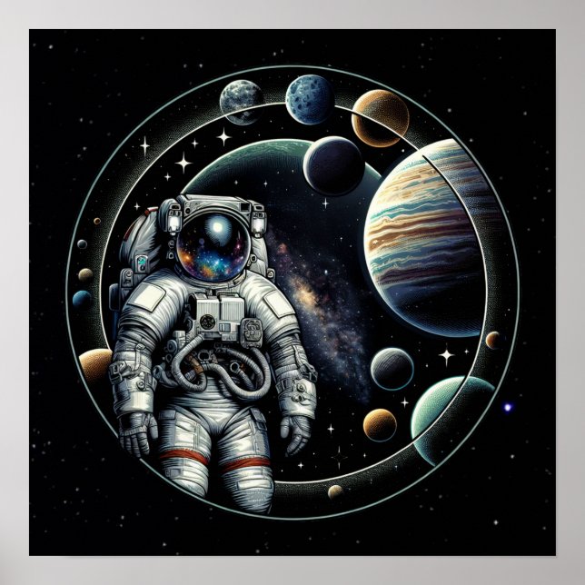 Poster Astronaute vintage et planètes (Devant)