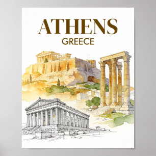 Poster Athènes Grèce Acropole Croquis Aquarelle Voyage