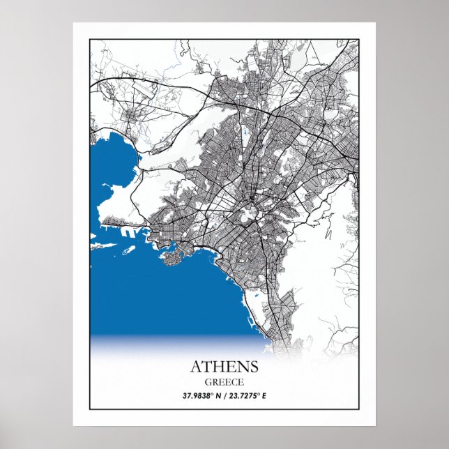 Poster Athènes Grèce City Plan Voyage Simple Minimal (Devant)