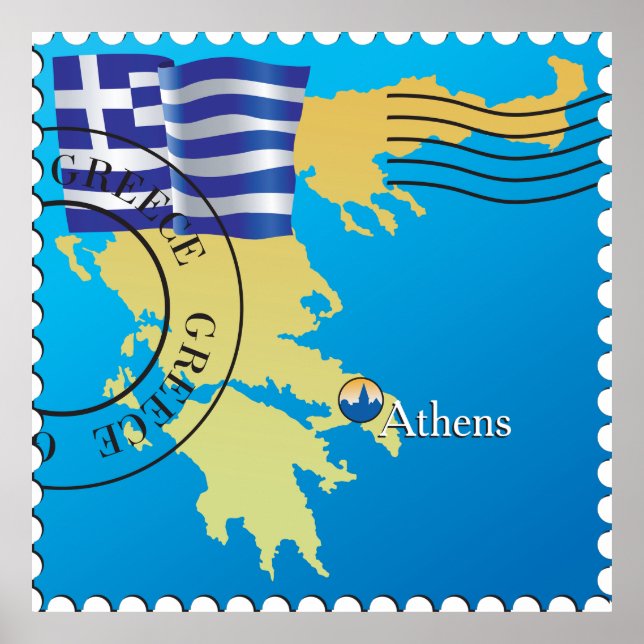 Poster Athènes Grèce Horloge grecque Drapeau et carte (Devant)